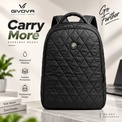 Givova Holland Quilted Padded Waterproof Unisex Backpack (Black) – Stylish Multi-Pocket Business & Travel Daypack with Ergonomic Support & Dedicated Laptop Compartment